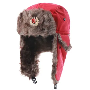 Sovjet stijl rode ushanka bombermuts met oorkleppen, winter warme winddichte therm muts.