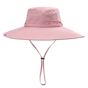 Pink wide brim sun hat for outdoor hiking and fishing with adjustable chin strap breathable fabric