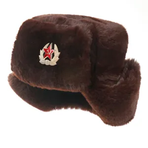 Soviet badge winter trapper hat, brown faux fur warm bomber hat with earflaps for outdoor.