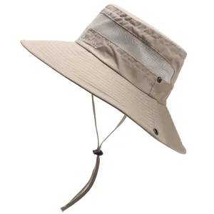 Detailed view of the breathable mesh sun hat, showing adjustable chin strap and wide brim.