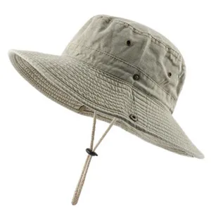 Khaki bucket hat for men and women outdoor sun protection fishing hat with windproof chin strap.
