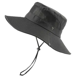 Black bucket hat with breathable mesh and chin strap, perfect for outdoor fishing and sun.