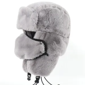 Detailed close-up showing the fluffy faux rabbit fur texture and windproof mask detail.