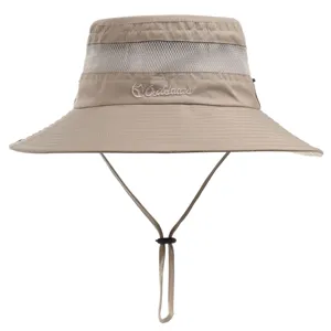 Khaki outdoor sun protection wide brim bucket hat with breathable mesh and windproof chin strap.