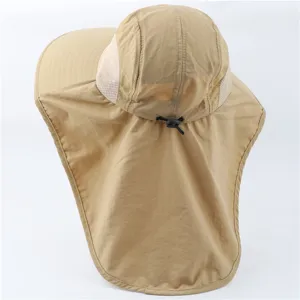 Unisex outdoor sun protection hat with wide neck flap, breathable mesh and adjustable drawstring.