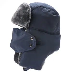 Detailed view of the winter warm trapper hat with face mask and earflaps for cold weather.