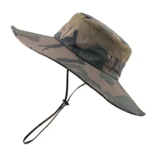 Outdoor camo bucket hat with breathable mesh and adjustable chin strap for hiking fishing.