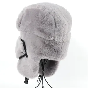 Grey Faux Rabbit Fur Trapper Hat Detail View Winter Warm Earflaps Thick Bomber Cap