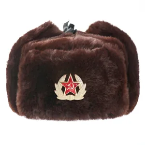 Brown winter ushanka hat with Soviet red star badge, thick plush earflaps outdoor warm.
