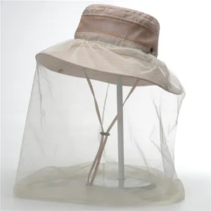 Outdoor anti-mosquito bucket hat with breathable mesh veil for summer fishing and hiking sun protection