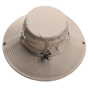 Outdoor sun protection wide brim bucket hat detail, breathable mesh sides and adjustable chin cord.