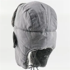 Thickened grey winter ushanka hat with ear flaps, windproof and waterproof outdoor cold weather gear.