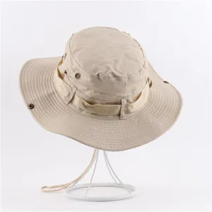 Classic beige cotton outdoor bucket hat, sun protection casual boonie hat for men and women.