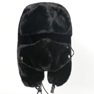 Thickened faux rabbit fur ushanka hat with earflaps and face mask for winter warmth.