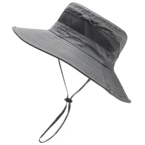 Grey wide brim sun hat detail, breathable mesh crown and adjustable chin cord design.