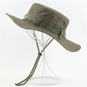 Army green cotton bucket hat for outdoor hiking, sun protection fishing cap with chin strap.