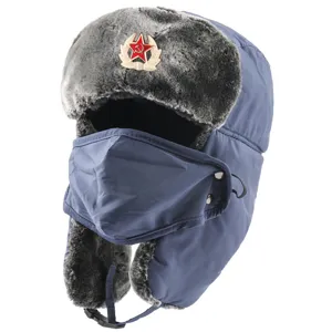 Thickened winter Ushanka hat with windproof mask and Soviet star badge for outdoor warmth.