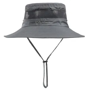 Dark grey wide brim bucket hat with mesh ventilation and adjustable chin strap for outdoor sun protection.