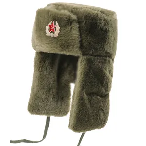 Russian ushanka hat winter warm faux fur military trooper hat with red star badge