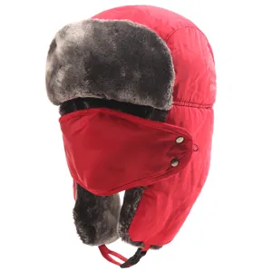 Detailed view of the thickened winter thermal bomber hat in red with windproof mask and earflaps.