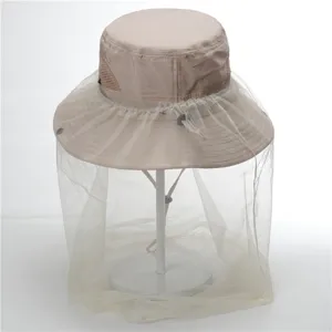 Outdoor mosquito net sun protection bucket hat, adjustable mesh hiking fishing cap.