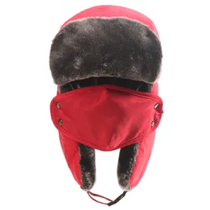 Red thickened winter bomber hat with integrated windproof face mask and warm earflaps.