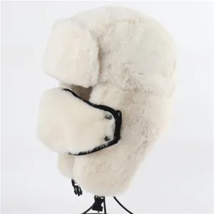 Thickened plush ushanka hat detail showing warm ear flaps and protective face mask design.