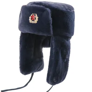 Winter warm ushanka hat with Soviet badge thick faux fur earflap cold weather trapper cap