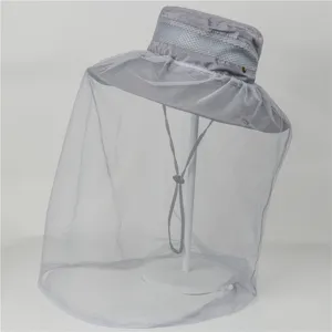 Detail view of outdoor anti-mosquito sun hat featuring breathable mesh and chin cord.