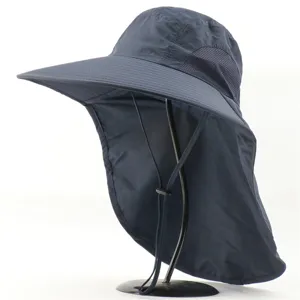 Unisex outdoor sun protection fisherman hat with wide brim, neck flap and side mesh.