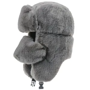 Grey faux rabbit fur bomber hat detail showcasing warm earflaps and secure buckle.