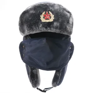 Thick winter bomber hat with windproof mask and Soviet red star badge for outdoor warmth.