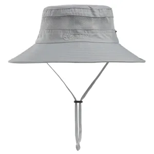 Detailed view of grey sun bucket hat featuring breathable mesh panel and chin cord.