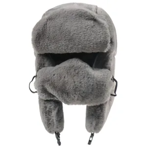 Thickened gray faux rabbit fur ushanka hat with ear flaps and face mask for winter warmth.