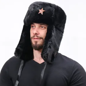 Soviet badge winter warm ushanka hat with earflaps, thick plush black bomber hat detail view.