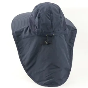 Outdoor sun protection hat with neck flap, dark blue breathable mesh hiking cap.