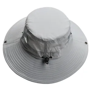 Close-up detail of the grey wide-brim sun fisherman hat with breathable mesh and adjustable cord.