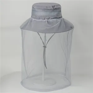 Grey outdoor mosquito net sun hat breathable fishing hiking sunshade bucket hat.