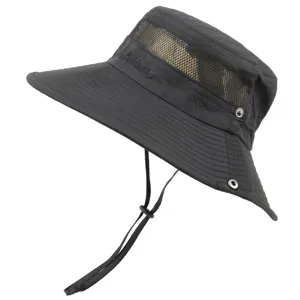 Black outdoor sun hat detail showing breathable mesh venting, wide brim, and adjustable chin cord.