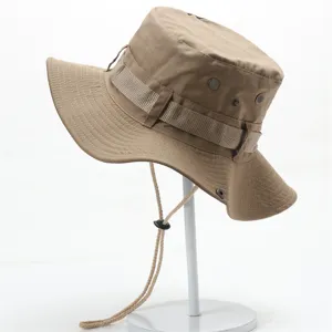Khaki outdoor sun protection bucket hat detail, breathable metal eyelets and windproof cord.