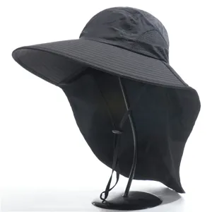 Outdoor sun protection bucket hat with wide brim and neck flap, waterproof and breathable for use.