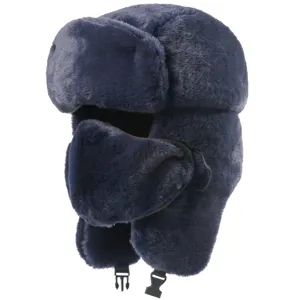 Thickened faux rabbit fur ushanka hat with earflaps and face mask for winter cold protection