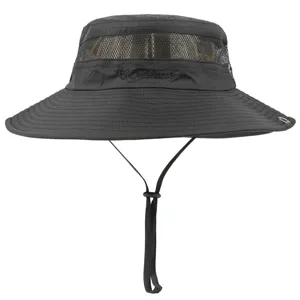 Detailed view of the black outdoor bucket hat showing breathable mesh and adjustable chin strap.
