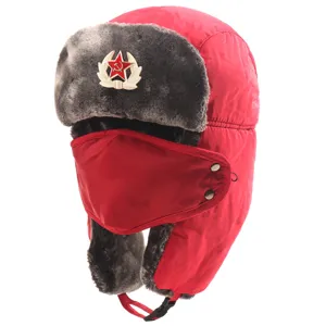 Red winter ushanka hat with face mask and soviet star emblem for outdoor cold weather warm
