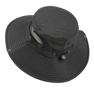 Black outdoor sun hat with breathable mesh panel, wide brim and adjustable drawstring.