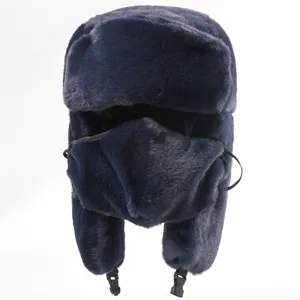 Thick faux rabbit fur ushanka hat with ear flaps and mask for men and women cold winter.