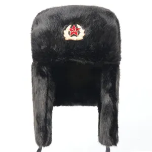 Black winter ushanka hat with soviet star badge cold weather thermal bomber hat.