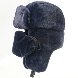 Close-up view of winter faux rabbit fur trapper hat with thick earflaps and windproof mask.