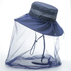 Outdoor anti-mosquito bucket hat with mesh veil, breathable summer sun fishing cap.