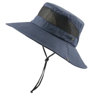 Breathable mesh sun fisherman hat detail, wide brim outdoor travel bucket hat for men and women.